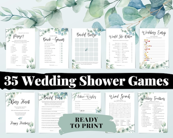 35 Fun Printable Wedding Shower Games for Couples and Groups - Greenery Wedding Shower Bingo, Questions, Shoe Game, Emoji, Trivia & More!