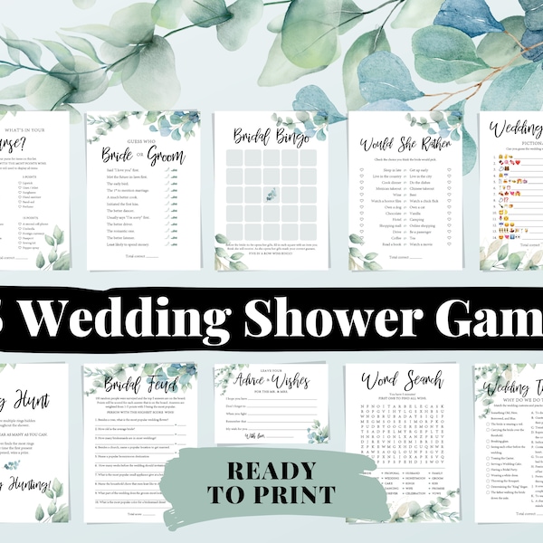 35 Fun Printable Wedding Shower Games for Couples and Groups - Greenery Wedding Shower Bingo, Questions, Shoe Game, Emoji, Trivia & More!