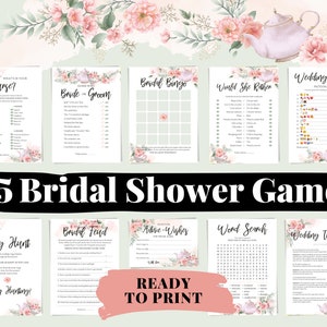 Op de afbeelding: Een set van 35 printbare bruidsdouchespelletjes met een bloemen- en theepotthema. De spellen omvatten "What's in Your Purse?", "Bride or Groom", "Bridal Bingo", "Would She Rather", "Wedding Emoji Dictionary", "Ring Hunt", "Bridal Feud", "Advice & Wishes", "Word Search" en "Wedding Traditions".