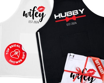 Hubby & Wifey 2024 Aprons for Couples - Housewarming Gifts for New Home Mr Mrs Apron Bridal Shower Gift for Bride, Engagement Gift