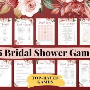 Może przedstawiać: Zestaw 35 drukowanych gier na wieczór panieński z kwiatowymi wzorami w odcieniach różu i złota. Gry obejmują "Pynger", "Bride or Groom", "Bridal Bingo", "Would She Rather", "Wedding Emoji", "Guess the Dress", "Bridal Feud", "Advice Wishes", "Word Search" i "Wedding Traditions".