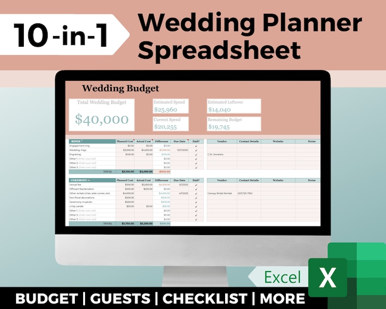 May include: A computer screen displaying a wedding planner spreadsheet in Excel. The spreadsheet includes sections for budgeting, guest lists, and checklists. The title of the spreadsheet is "10-in-1 Wedding Planner Spreadsheet".