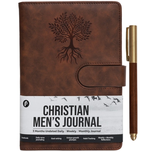 Leather Christian Bible Prayer Journal For Men -  Study Scripture Notebook & Planner Undated Religious Daily Devotional, Tree of Life