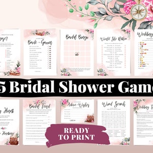Könnte beinhalten: Ein Set mit 35 druckbaren Brautparty-Spielen mit einem rosafarbenen und floralen Thema. Die Spiele beinhalten "What's in Your Purse?", "Bride or Groom", "Bridal Bingo", "Would She Rather", "Wedding Emoji Dictionary", "Bridal Feud", "Advice Wishes", "Word Search", und "Wedding Traditions".
