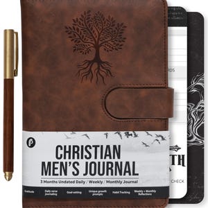Leather Christian Bible Prayer Journal For Men -  Study Scripture Notebook & Planner Undated Religious Daily Devotional, Tree of Life
