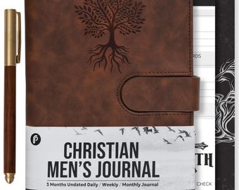 Leather Christian Bible Prayer Journal For Men -  Study Scripture Notebook & Planner Undated Religious Daily Devotional, Tree of Life