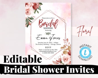 Floral Bridal, Wedding & Couples Shower Invitation Template – Custom Printable Online Invite Cards for Bachelorette Party Luncheon Brunch