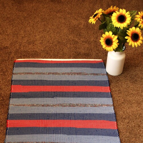 Handwoven Rag Rug, Blue top and Red