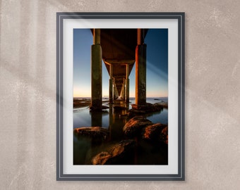 Photography Art Print, Pier, Sunset, Reflection, Blue Yellow Sky, San Diego California, Ocean Beach, Oceanscape, High Quality Image