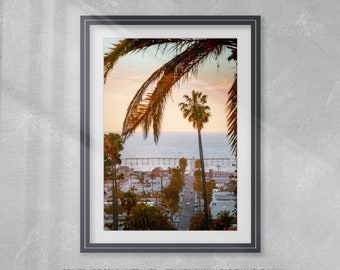 San Diego Photography Art Print, Pier at Sunset, Palm Tree Foreground Image, Orange and Blue, Ocean beach San Diego, California, Oceanscape