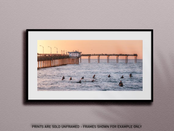 San Diego Panoramic Art Print, Ocean Beach Sunset, Surfers, Pier, Oceanscape at Dusk, California USA, Colorful Sky, High Quality Photo Print