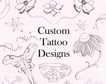 Handgetekende unieke tattoo | Aangepast tattoo-ontwerp | Tatoeagetekening Commissie | Aangepaste tattoo | Dieren | Bloemen | Esthetiek: