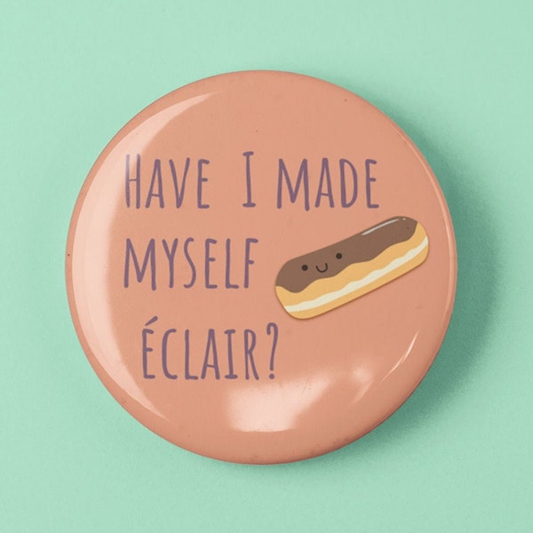 Badge Eclair. Épingle à bouton de 1,25 pouce. Insigne alimentaire mignon fait main. Jeu de mots de cuisine. Cadeau de jeu de mots pour les gourmands. Cadeau pour amateur de desserts.