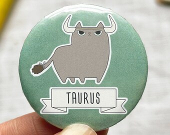 Taurus cat pin - Zodiac Taurus button - Astrology cat pin - Zodiac pinback badge - Cute astrology pin - Cat lover pin button - Cat round pin