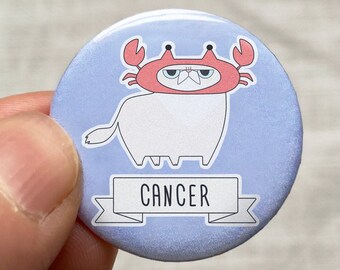 Cancer Zodiac Cat Pin, Cute Astrology Pinback Button