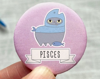 Pisces cat pin badge. 1.25 inch button. Cute zodiac cat pin gift for her. Handmade gift for cat person. Horoscope accessory pin for cat mom.