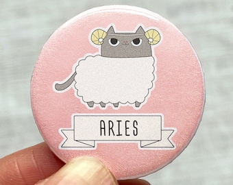 Zodiac Aries cat pin - Cute zodiac cat pin - Cute astrology pin - Cat lover pin button - Zodiac pinback badge - Cute cat pin button