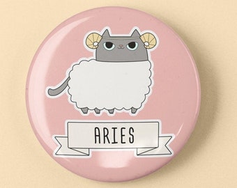 Aries Zodiac Cat Pin, Astrology Kitty Button Badge