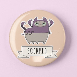 Scorpio cat, Cute gift for Scorpio, Cat circle button, Zodiac Scorpio pin, Horoscope cat, Cute astrology cat, Cat zodiac, Cat pinback badge