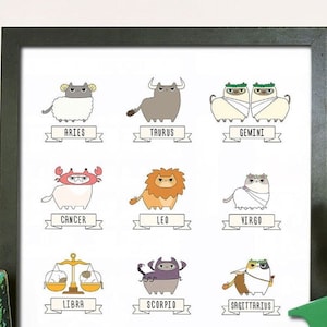 Zodiac cat art print - Cat astrology art - Cute horoscope art - Cat zodiac wall art - Astrology cat print - Adorable cat wall decor