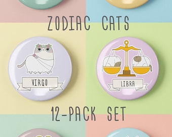 Zodiac cat 12-piece mix-and-match pin badge pack. 1.25 inch button pins. Handmade horoscope accessory gift for cat person. Cat lover gift.