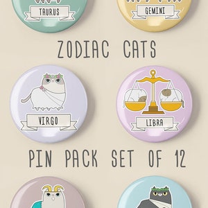Zodiac cat pins set. 12-piece pin button pack. 1.25 inch button pin badge. Handmade horoscope accessory gift for cat parent. Cat lover gift.
