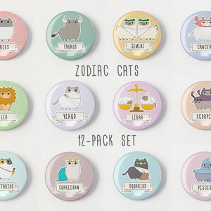Zodiac cat pins, Adorable cat lover gift, Cat round buttons, Cute kitty pin, Horoscope cat pinback button, Cat star sign, Cat astrology