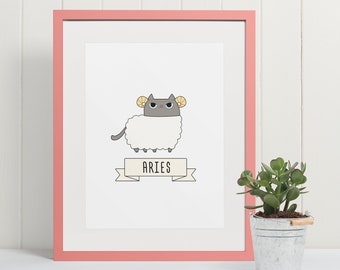 Aries print | Pet parent gift | Zodiac cats | Home decore | Wall decore