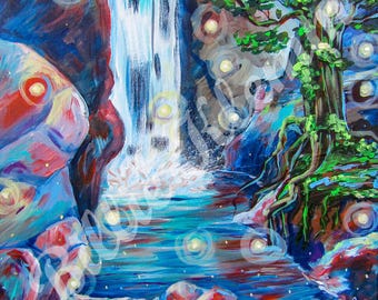 Fairy Falls- Enchanted Waterfall Print of my Original Painting- Giclée- Home Decor- Wall Art