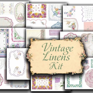 Kit Vintage Linens, descarga digital, diario, diario basura, álbum de recortes, tapete, lino, etiqueta, encaje, efímera, pañuelo, pañuelo, floral