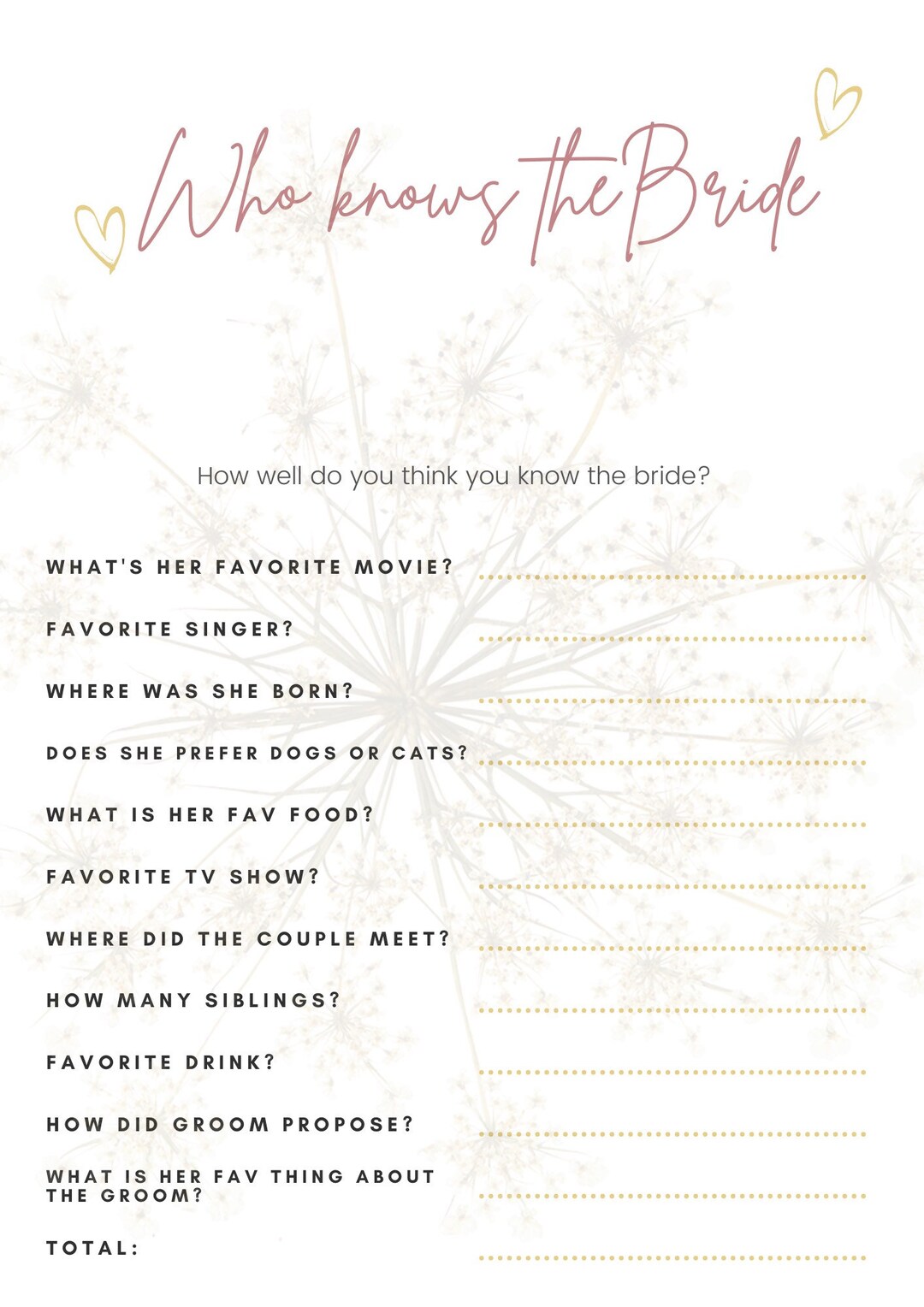 Bridal Shower Questionnaire Game Bride Digital Download Etsy