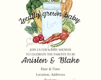 Uitnodiging lokaal gekweekte babyshower | Boerenmarkt | Genderneutraal | Strooi| Bewerkbare directe download
