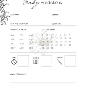 Feuille d'exercices pour le jeu de prédiction de bébé Baby shower à téléchargement immédiat