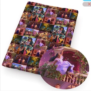 May include: A colorful fabric featuring a repeating pattern of images from the animated film "Encanto". The fabric features characters from the film, including Mirabel, Bruno, and Abuela Alma. The fabric is perfect for crafting projects, such as making clothing, bags, or home decor.