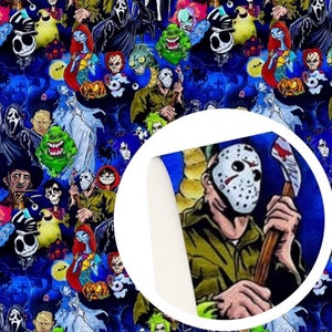 May include: A blue background with a repeating pattern of various horror movie characters, including Jason Voorhees, Freddy Krueger, and Michael Myers. The characters are depicted in a cartoon style and are surrounded by various Halloween-themed elements, such as pumpkins, bats, and ghosts.