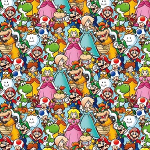 May include: A vibrant pattern showcasing characters from the Super Mario video game franchise. The design includes Mario, Luigi, Princess Peach, Yoshi, Bowser, and other familiar figures, set against a light blue backdrop.