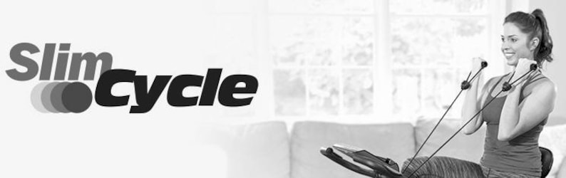 May include: Black and white image featuring the text "Slim Cycle". A woman is using the exercise equipment, holding the resistance bands. The background includes a window and a couch. The equipment appears to be a stationary bike.