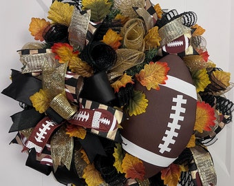 Fall Football Wreath, Black and Gold Football Wreath, Front Door Football Wreath, Football Decor, Football Wreath with Fall Leaves