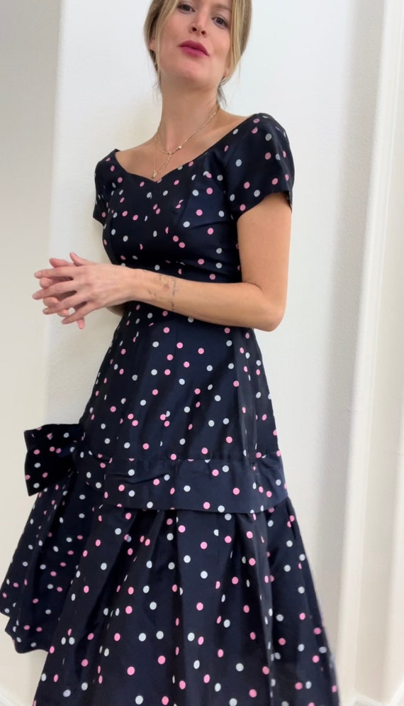 Vintage- 50s/60s Polka Dot midi A line Dress Tea … - image 7