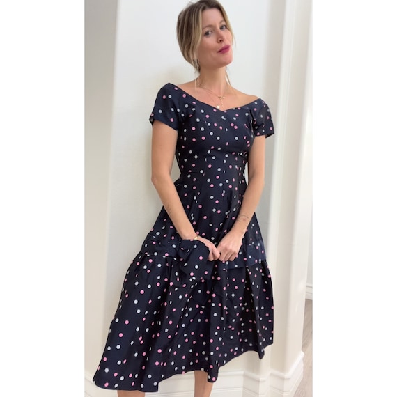 Vintage- 50s/60s Polka Dot midi A line Dress Tea … - image 1