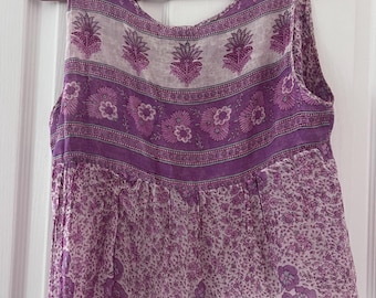 Vintage- 1970s indische Handblock dünne Tankbluse aus Baumwoll-Gaze rosa