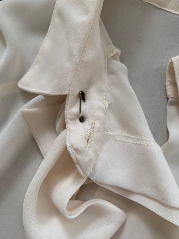 Vintage- 70s High Collar, bow tie sheer off white… - image 3