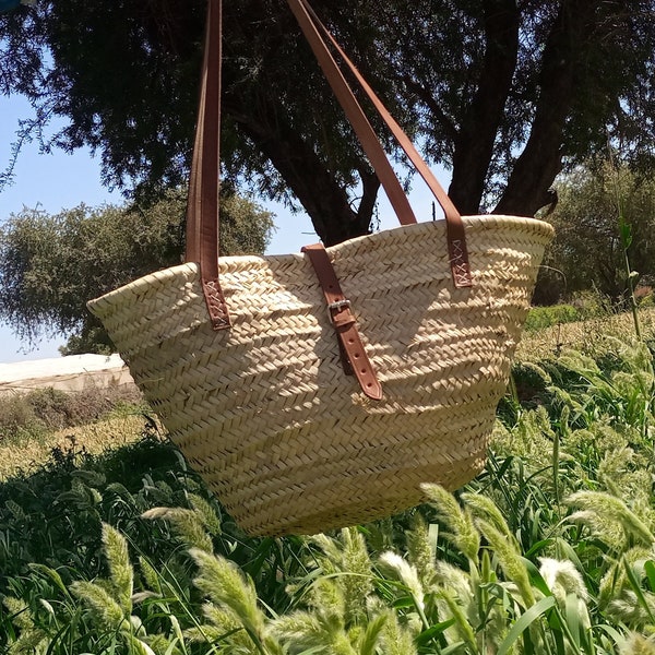 Französischer Marktkorb aus Leder, Strohtasche Französischer Korbgriff lang - Größe Medium - Picknicktasche Handgemachte Tasche gewebte Tasche Marokkanische Körbe