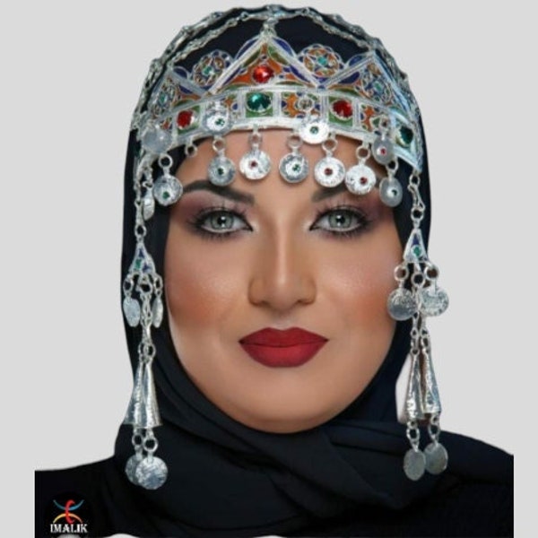 Art Nouveau / ART DECO / Acotar Style Stars Tiara, Amazigh head jewelry, TAOUNZA Berber Head Ornament Plated silver, enamel, and glass beads