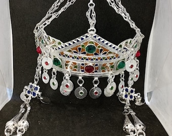 Ethnic Amazigh enamelled tiara head jewelry, tawnza amazighia de sousse