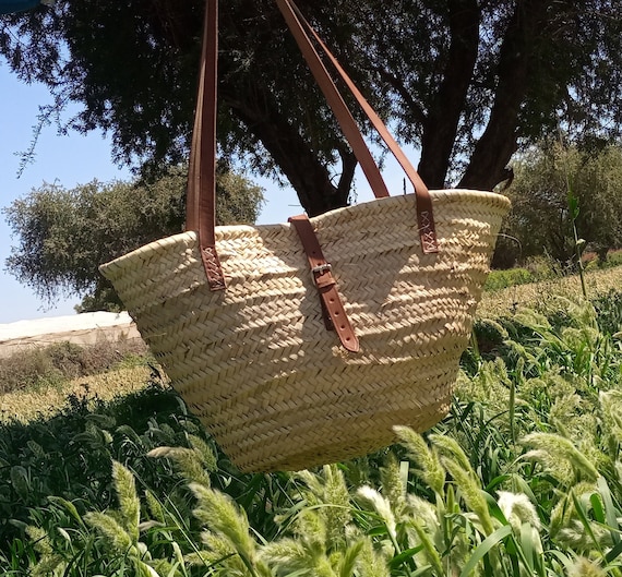 leather french market basket, Straw bag French Basket Handle long - size Medium- Picnic Bag Handmade bag wovenbag Moroccan Baskets