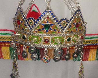 Ethnic Amazigh enamelled tiara head jewelry, tawnza amazighia de sousse