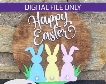 Feliz signo de madera de Pascua svg, Glowforge svg, láser svg, conejito de Pascua, primavera