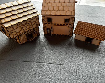 Set de casas de D&D cortadas con láser | Archivos SVG DXF de 3 edificios | Terreno modular para RPG | Miniatura de mesa | Descarga digital | Diseño magnético