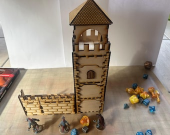 Torre modular de madera + muralla de castillo | Madera de 3 mm | Para D&D y juegos de rol de mesa | Kit de corte láser / terreno láser - archivo digital
